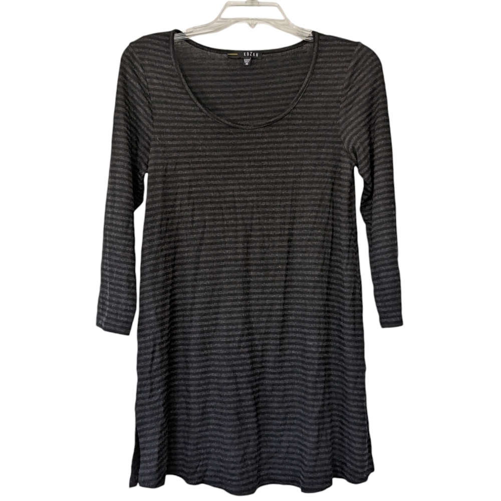 Kozan tunic length shirt 3/4 sleeves black grey stipes Xs Soft Scoop Neck